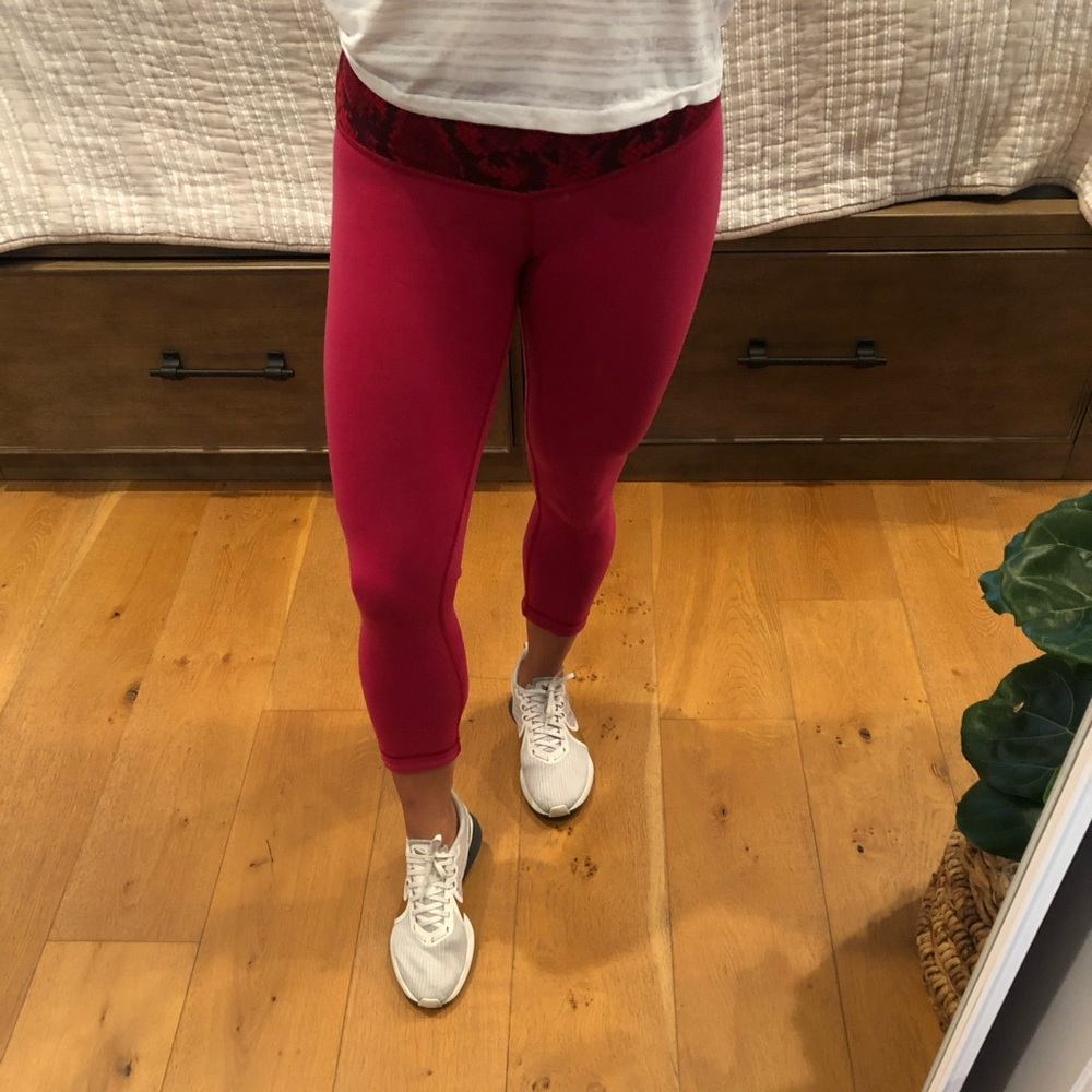 Lululemon red leggings with snakeskin waistband